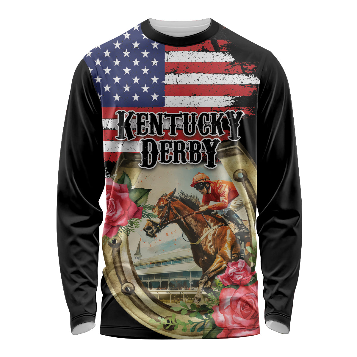 Kentucky Horseshoe Racing Rose Long Sleeve Shirt Grunge American Flag Vintage Style - Wonder Print Shop