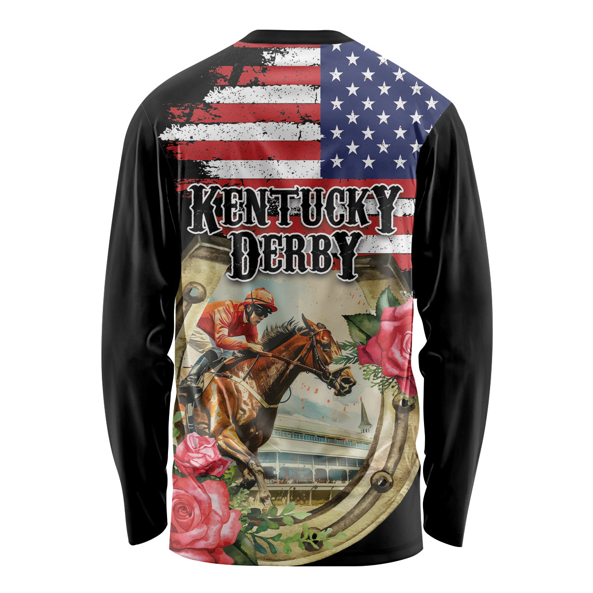Kentucky Horseshoe Racing Rose Long Sleeve Shirt Grunge American Flag Vintage Style - Wonder Print Shop