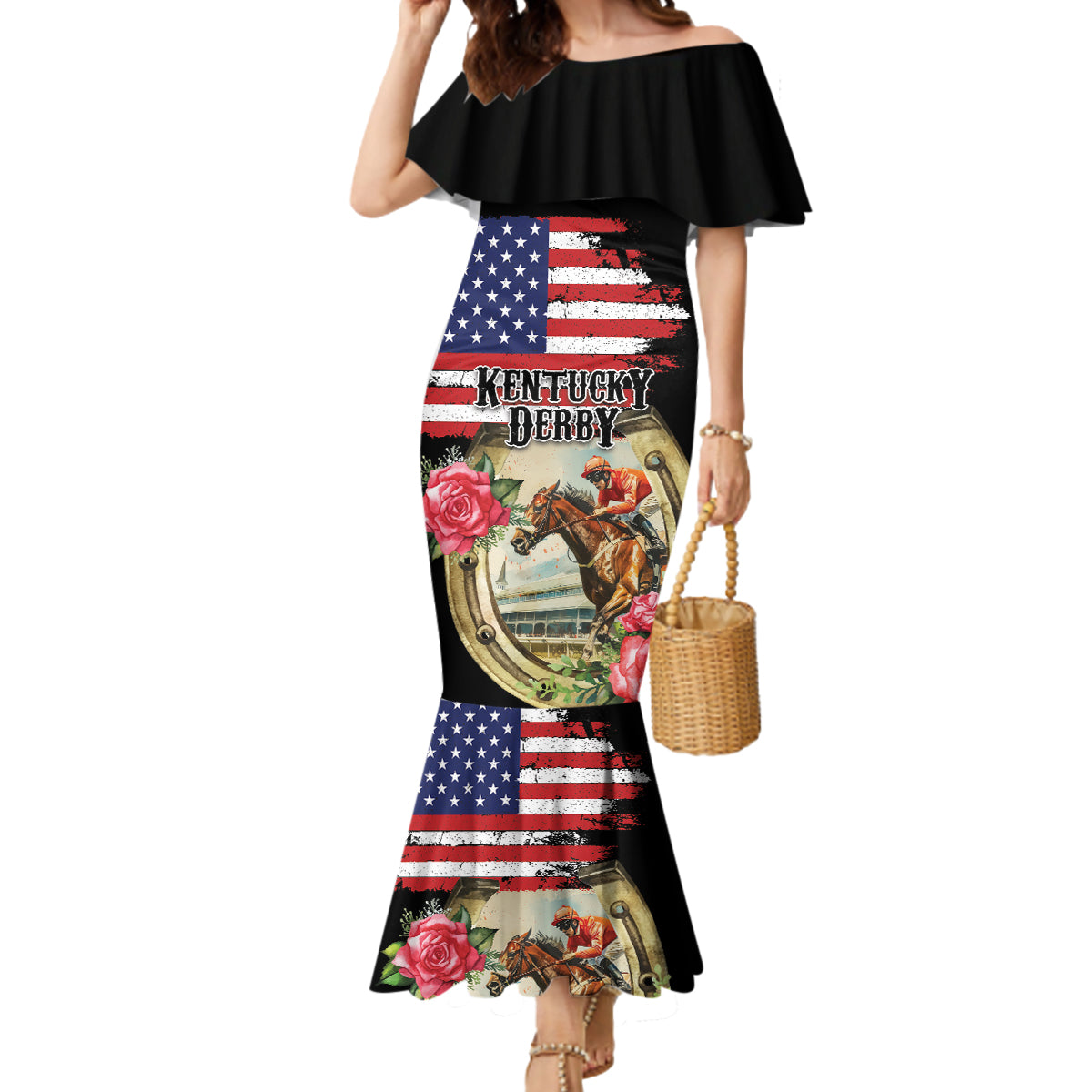 Kentucky Horseshoe Racing Rose Mermaid Dress Grunge American Flag Vintage Style - Wonder Print Shop