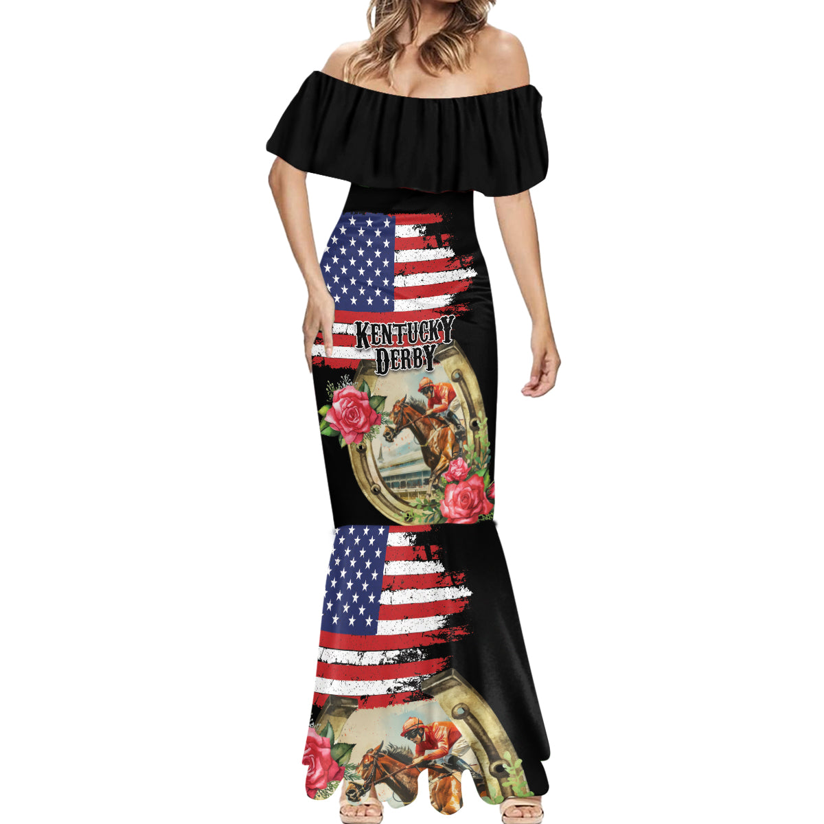 Kentucky Horseshoe Racing Rose Mermaid Dress Grunge American Flag Vintage Style - Wonder Print Shop