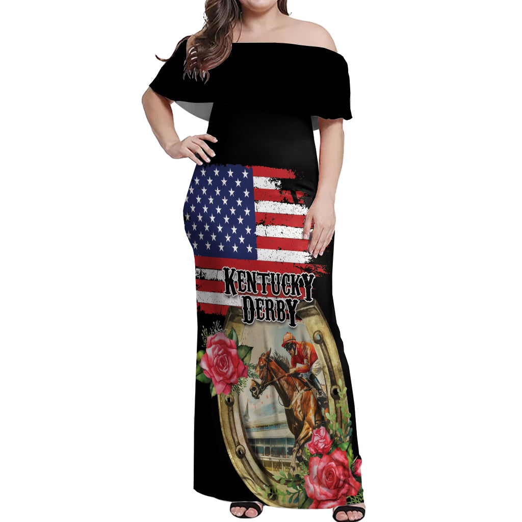 Kentucky Horseshoe Racing Rose Off Shoulder Maxi Dress Grunge American Flag Vintage Style - Wonder Print Shop