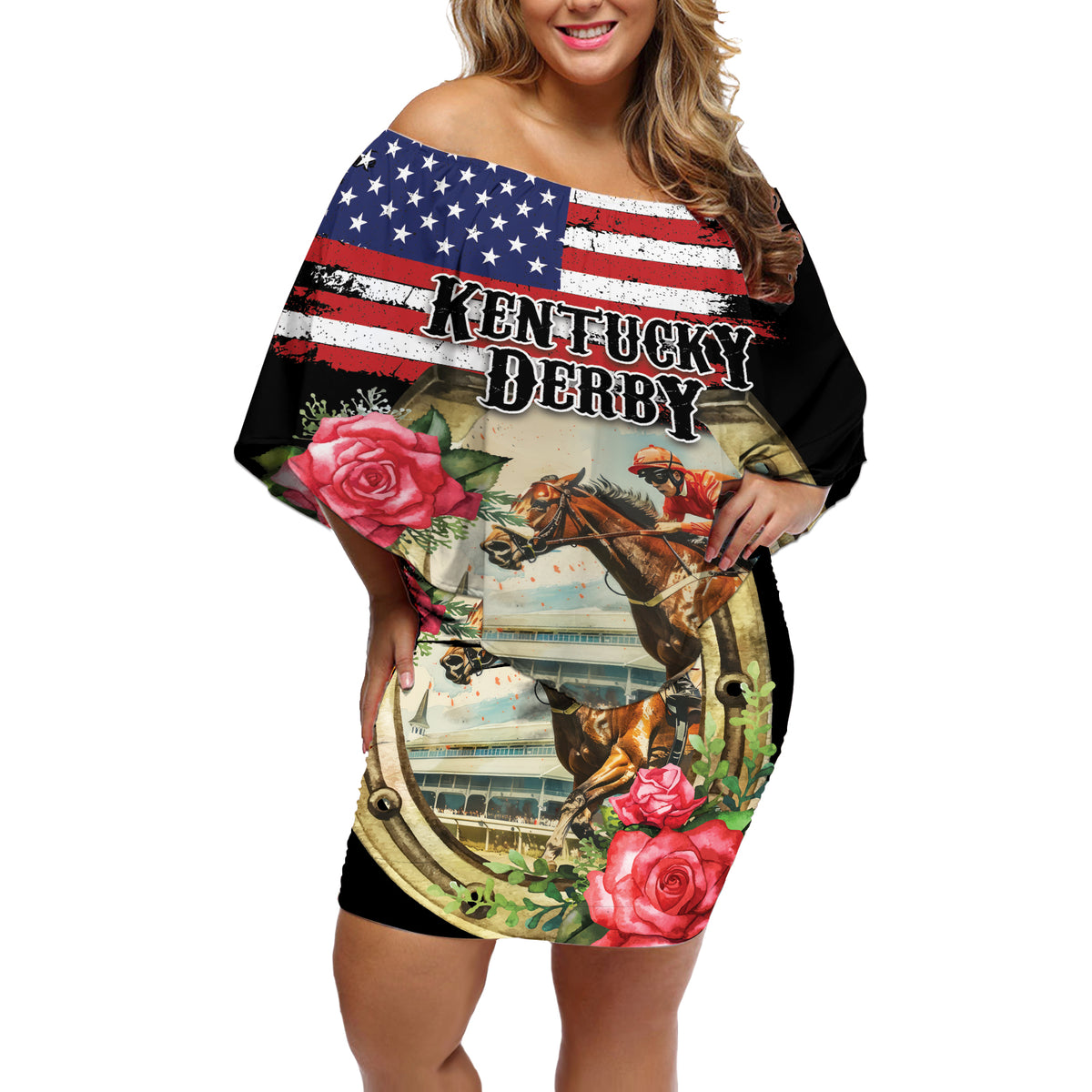 Kentucky Horseshoe Racing Rose Off Shoulder Short Dress Grunge American Flag Vintage Style - Wonder Print Shop