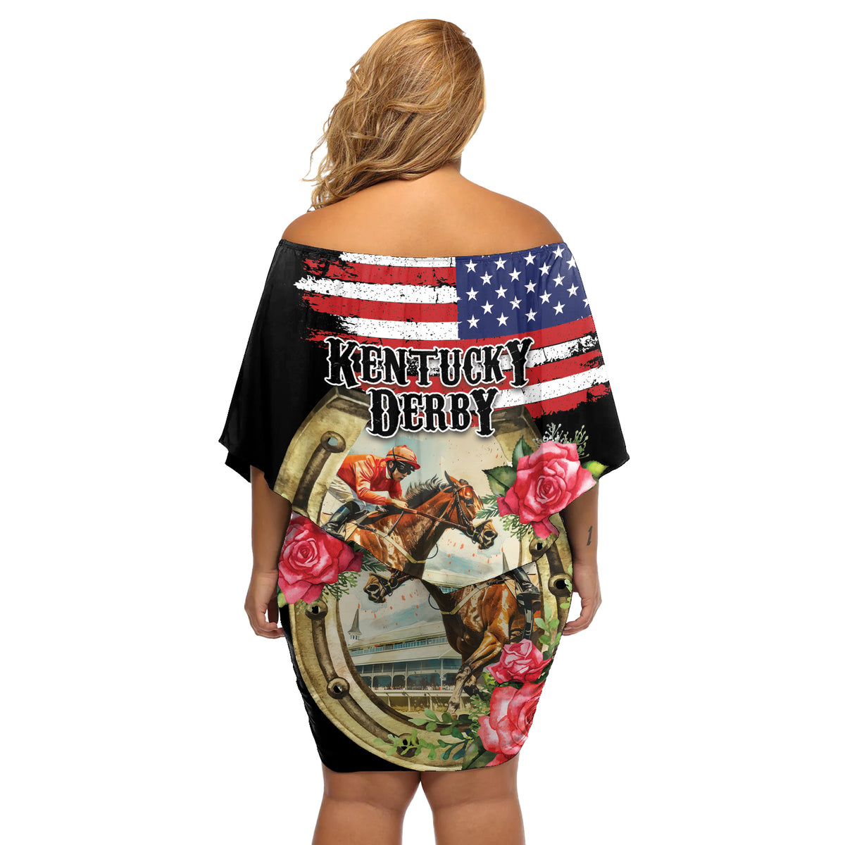 Kentucky Horseshoe Racing Rose Off Shoulder Short Dress Grunge American Flag Vintage Style - Wonder Print Shop