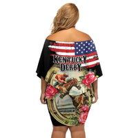 Kentucky Horseshoe Racing Rose Off Shoulder Short Dress Grunge American Flag Vintage Style - Wonder Print Shop