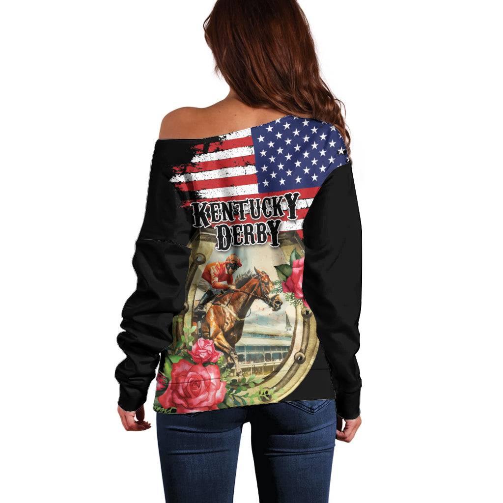 Kentucky Horseshoe Racing Rose Off Shoulder Sweater Grunge American Flag Vintage Style - Wonder Print Shop