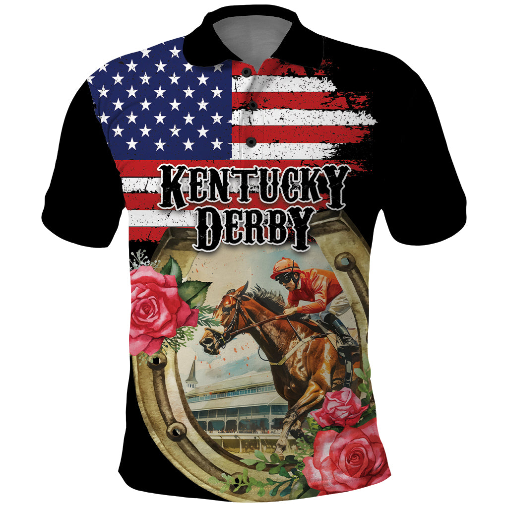 Kentucky Horseshoe Racing Rose Polo Shirt Grunge American Flag Vintage Style