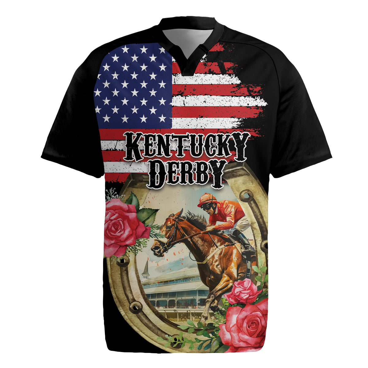 Kentucky Horseshoe Racing Rose Rugby Jersey Grunge American Flag Vintage Style - Wonder Print Shop