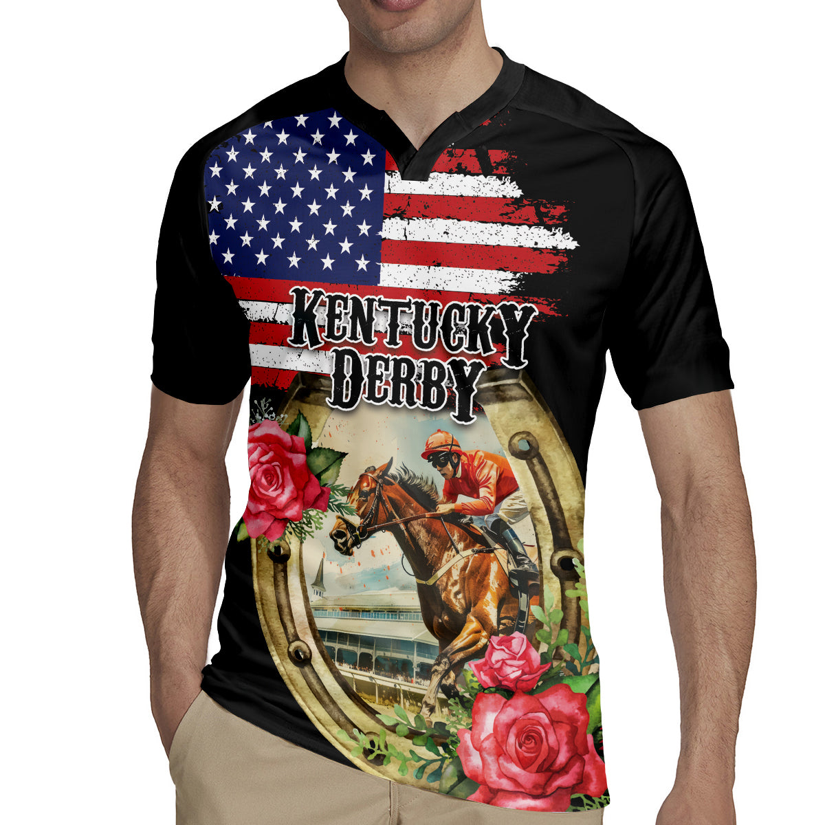 Kentucky Horseshoe Racing Rose Rugby Jersey Grunge American Flag Vintage Style - Wonder Print Shop
