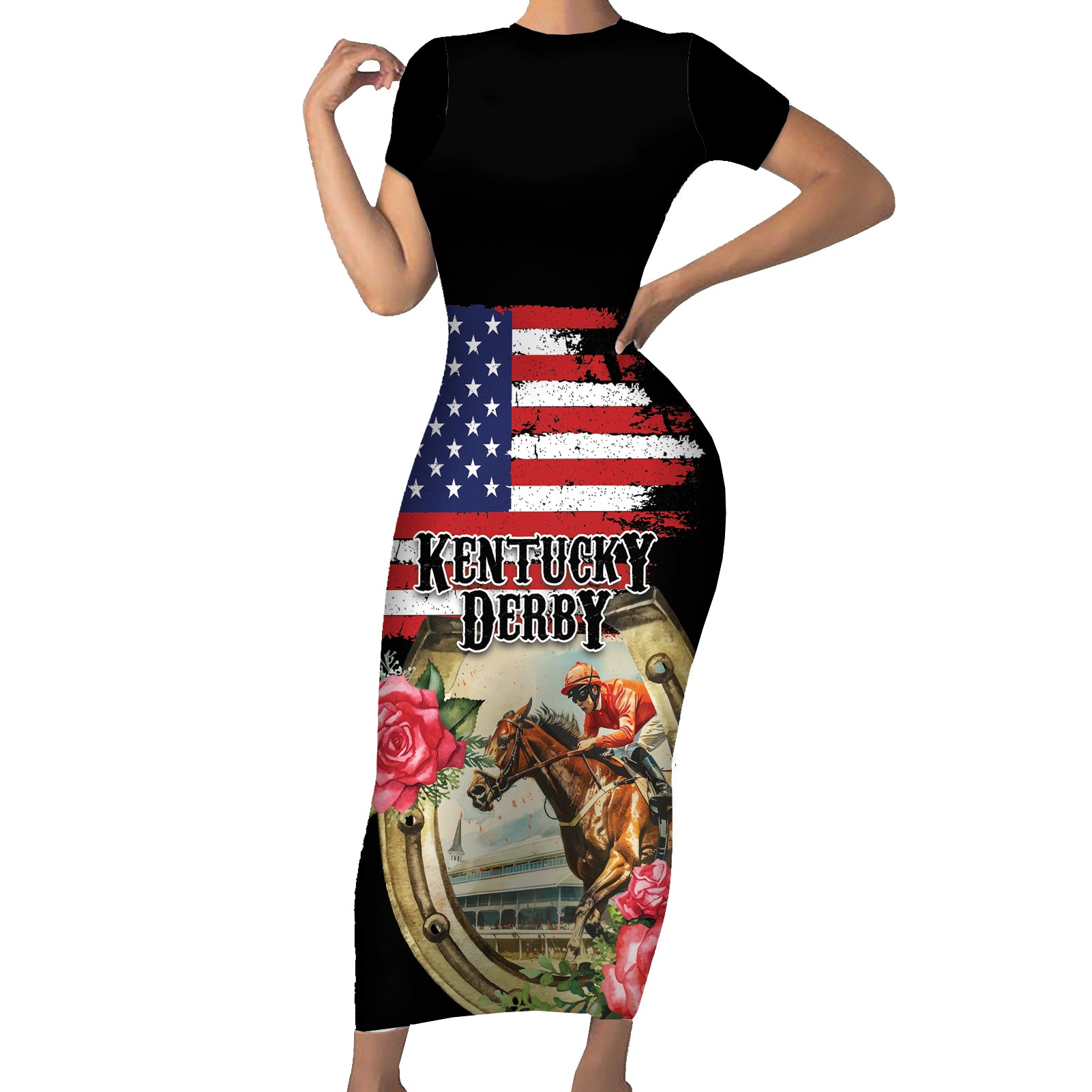 Kentucky Horseshoe Racing Rose Short Sleeve Bodycon Dress Grunge American Flag Vintage Style - Wonder Print Shop