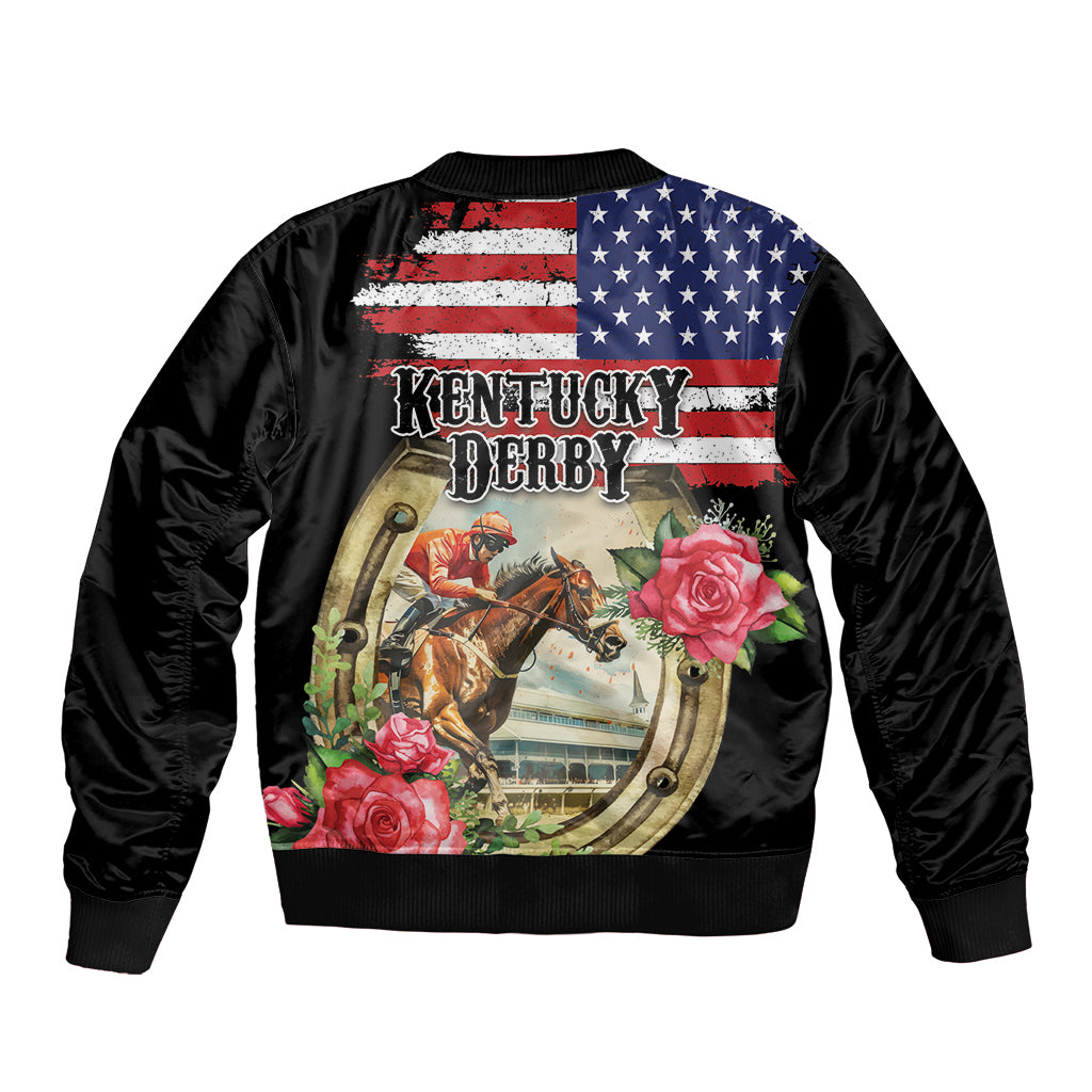 Kentucky Horseshoe Racing Rose Sleeve Zip Bomber Jacket Grunge American Flag Vintage Style - Wonder Print Shop