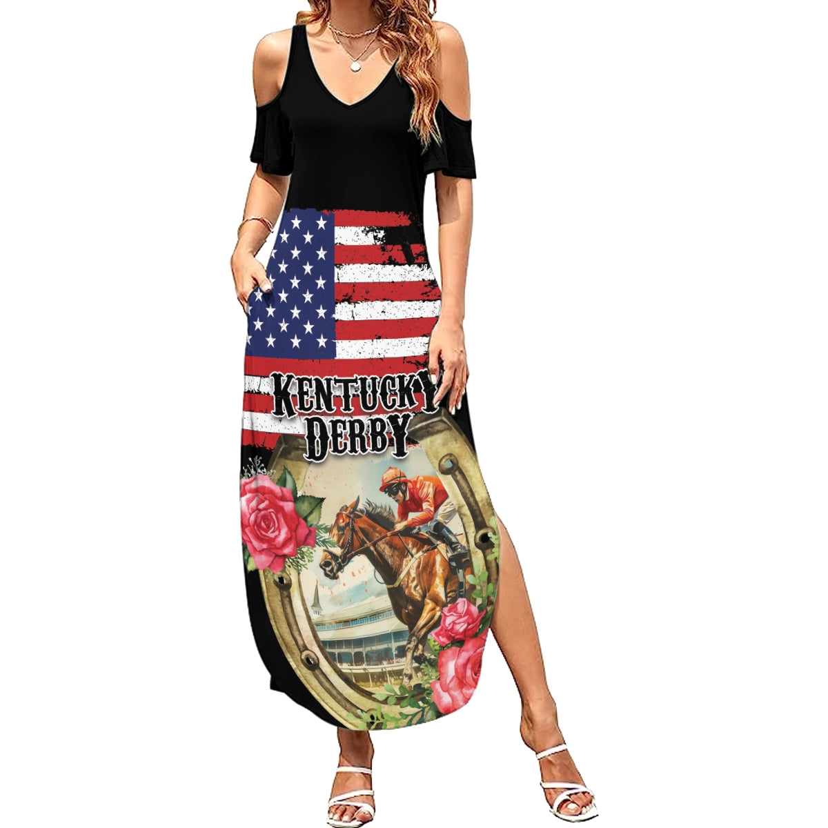 Kentucky Horseshoe Racing Rose Summer Maxi Dress Grunge American Flag Vintage Style - Wonder Print Shop
