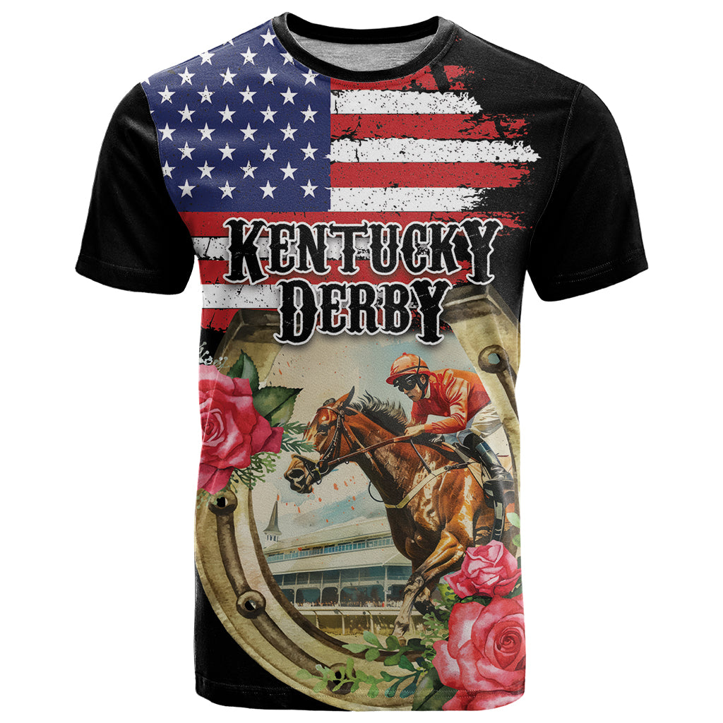 Kentucky Horseshoe Racing Rose T Shirt Grunge American Flag Vintage Style - Wonder Print Shop