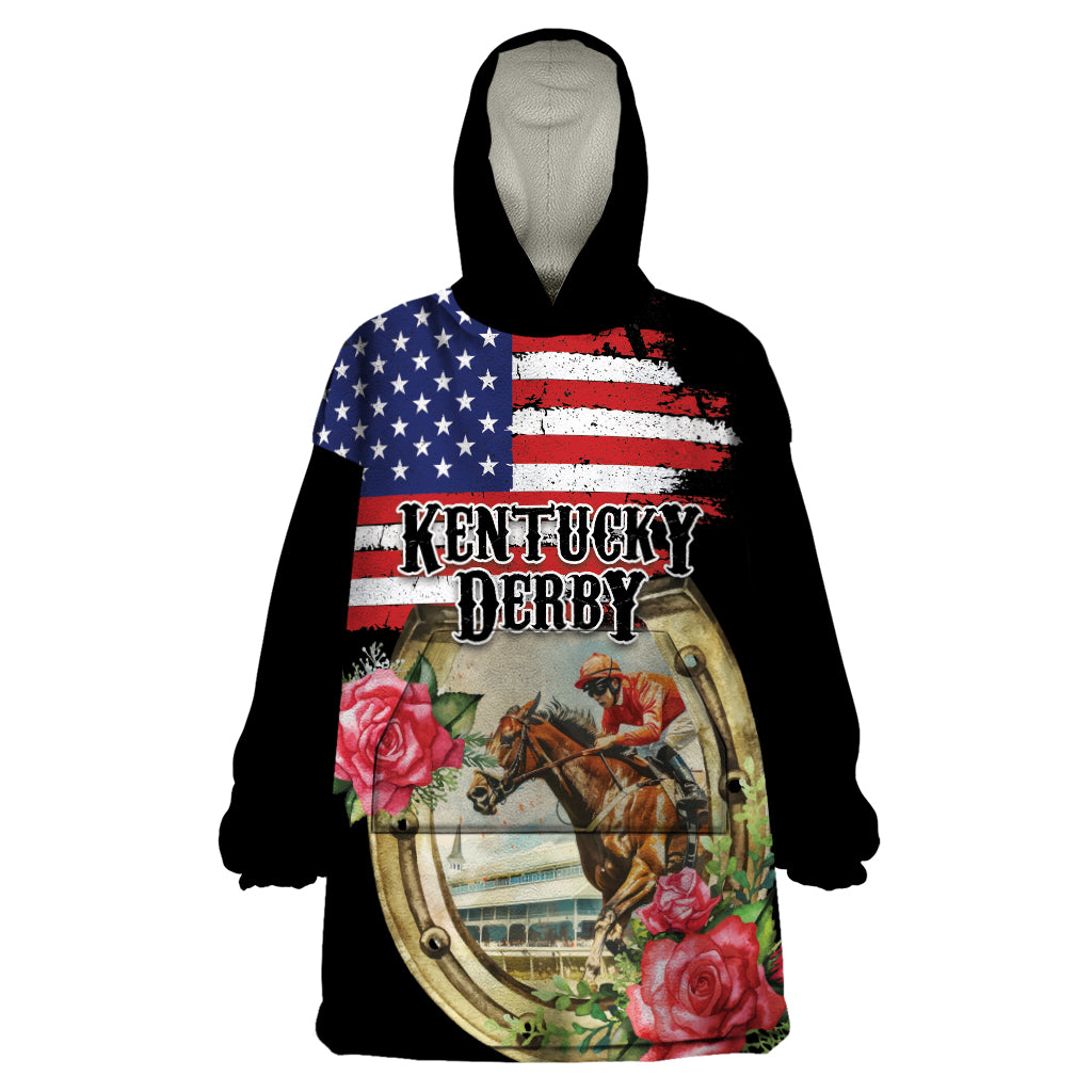 Kentucky Horseshoe Racing Rose Wearable Blanket Hoodie Grunge American Flag Vintage Style