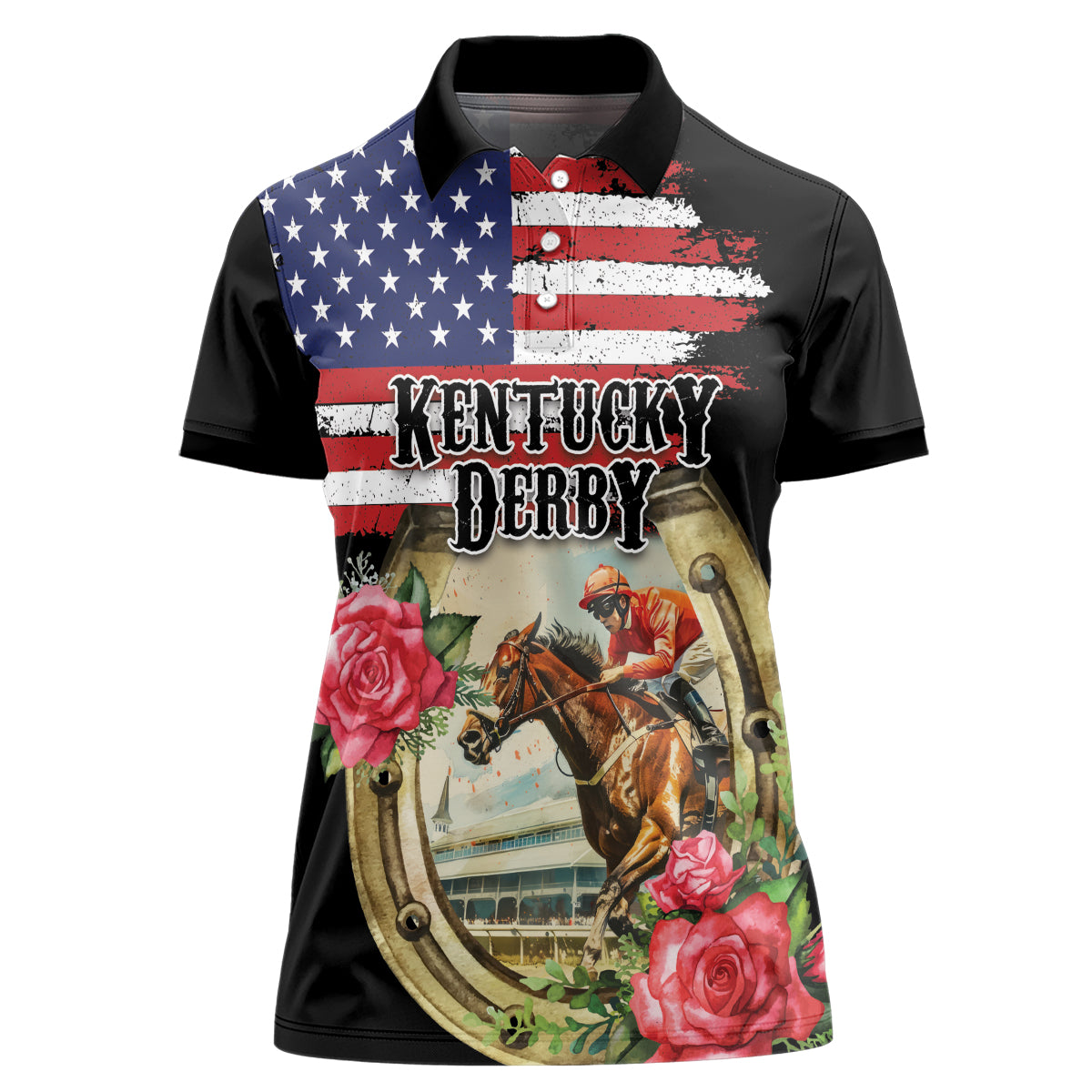 Kentucky Horseshoe Racing Rose Women Polo Shirt Grunge American Flag Vintage Style - Wonder Print Shop