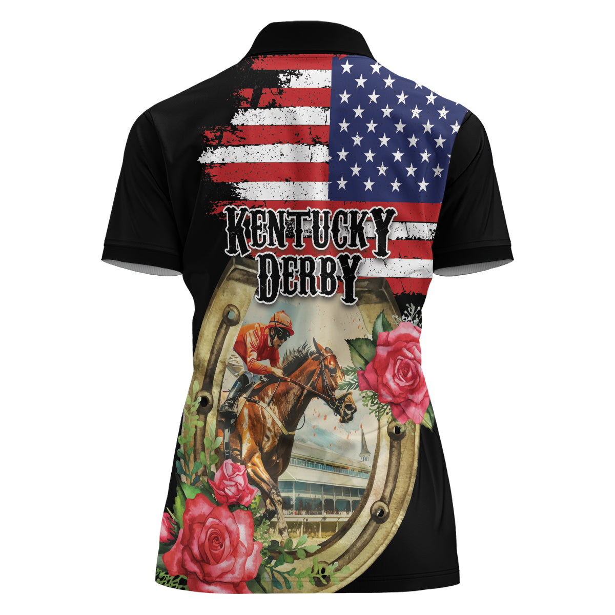 Kentucky Horseshoe Racing Rose Women Polo Shirt Grunge American Flag Vintage Style - Wonder Print Shop