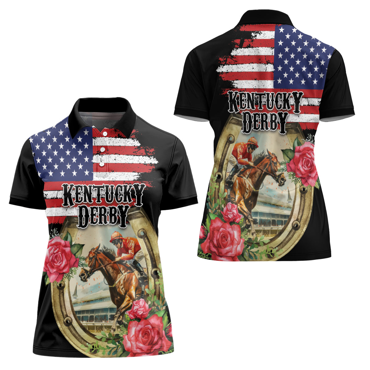 Kentucky Horseshoe Racing Rose Women Polo Shirt Grunge American Flag Vintage Style - Wonder Print Shop