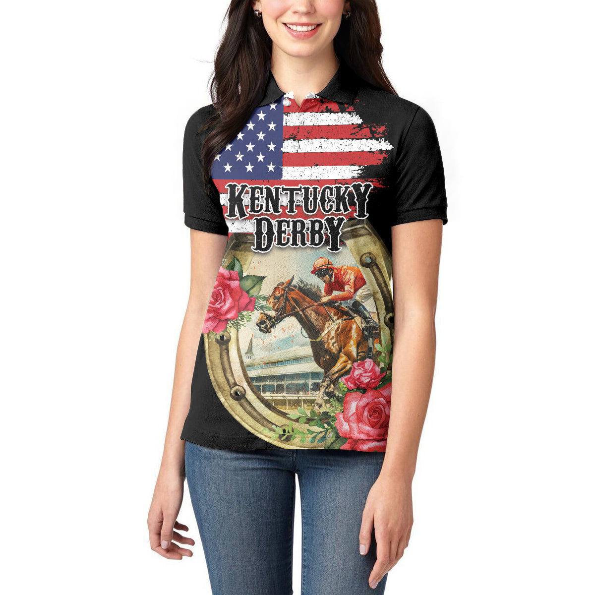 Kentucky Horseshoe Racing Rose Women Polo Shirt Grunge American Flag Vintage Style - Wonder Print Shop