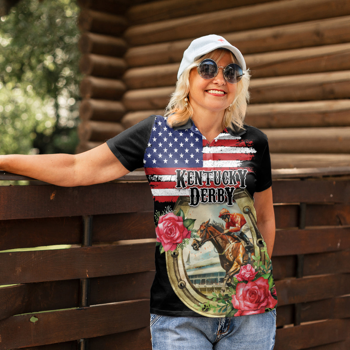 Kentucky Horseshoe Racing Rose Women Polo Shirt Grunge American Flag Vintage Style - Wonder Print Shop