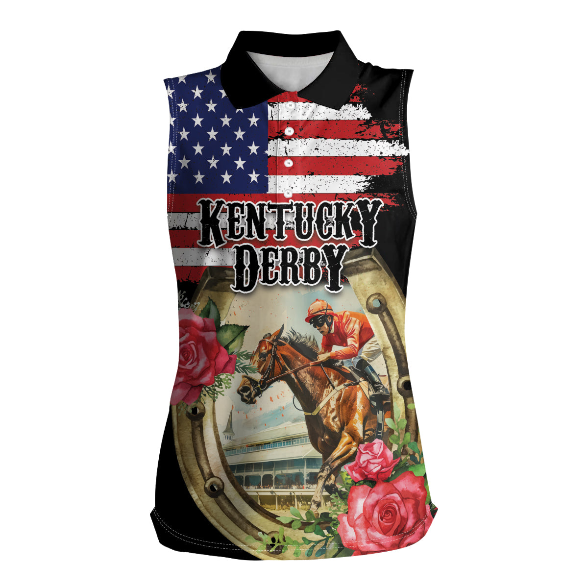 Kentucky Horseshoe Racing Rose Women Sleeveless Polo Shirt Grunge American Flag Vintage Style - Wonder Print Shop