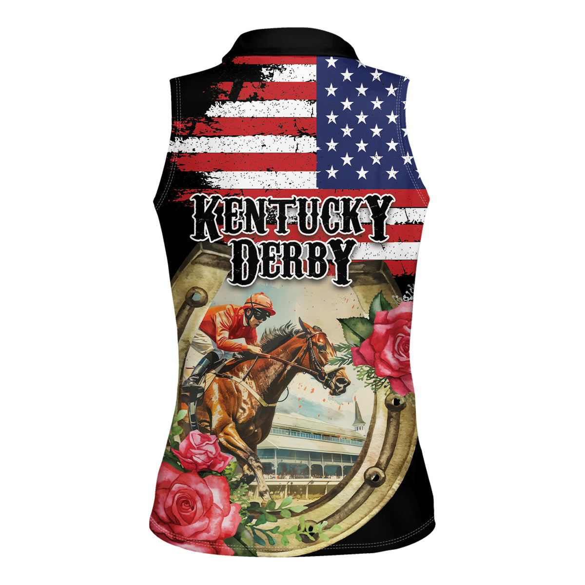 Kentucky Horseshoe Racing Rose Women Sleeveless Polo Shirt Grunge American Flag Vintage Style - Wonder Print Shop