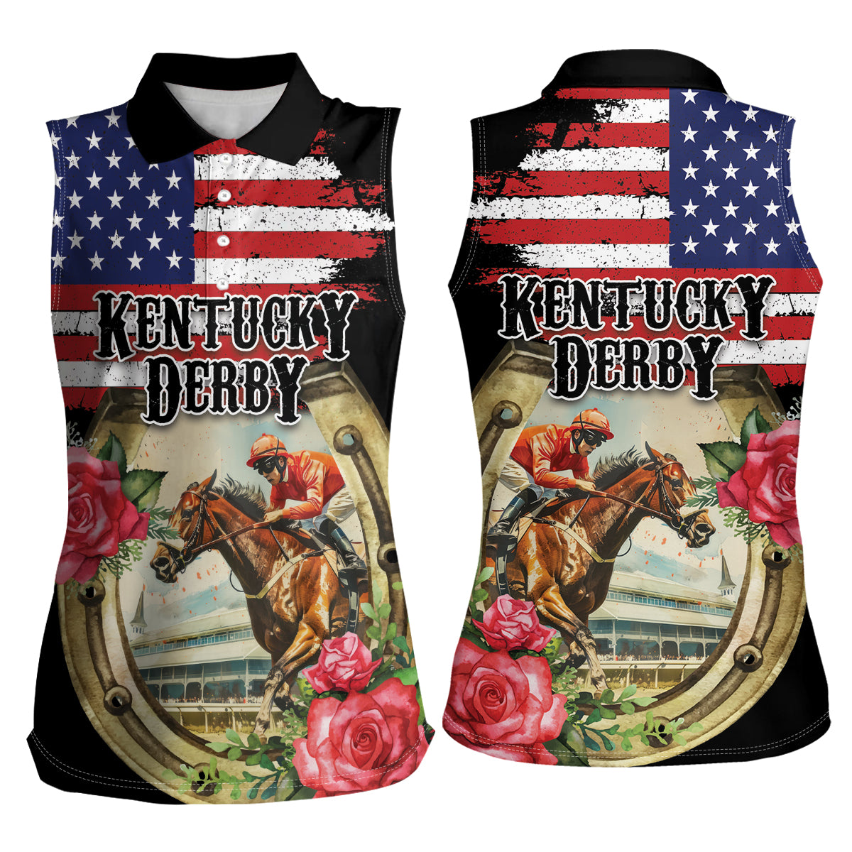 Kentucky Horseshoe Racing Rose Women Sleeveless Polo Shirt Grunge American Flag Vintage Style - Wonder Print Shop