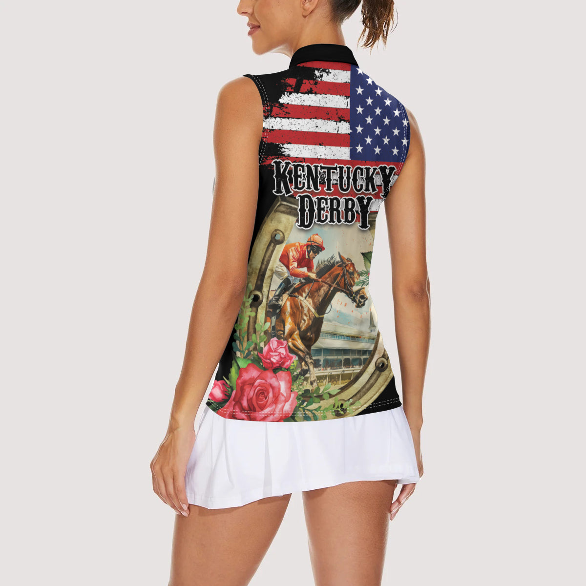Kentucky Horseshoe Racing Rose Women Sleeveless Polo Shirt Grunge American Flag Vintage Style - Wonder Print Shop