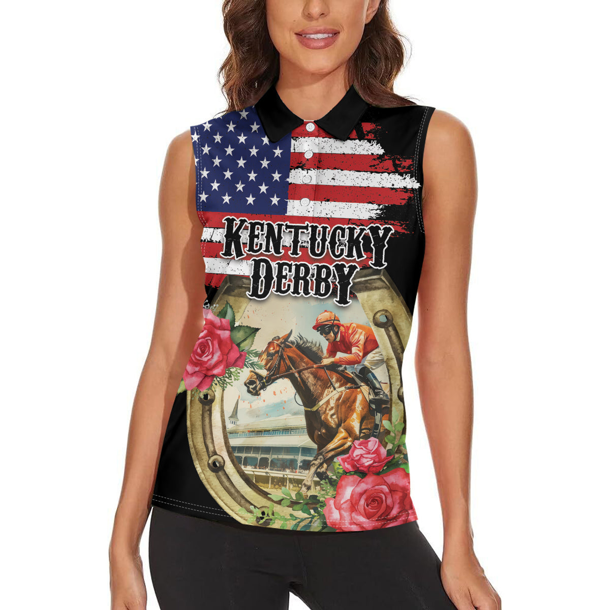 Kentucky Horseshoe Racing Rose Women Sleeveless Polo Shirt Grunge American Flag Vintage Style - Wonder Print Shop