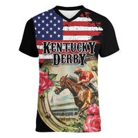 Kentucky Horseshoe Racing Rose Women V-Neck T-Shirt Grunge American Flag Vintage Style - Wonder Print Shop