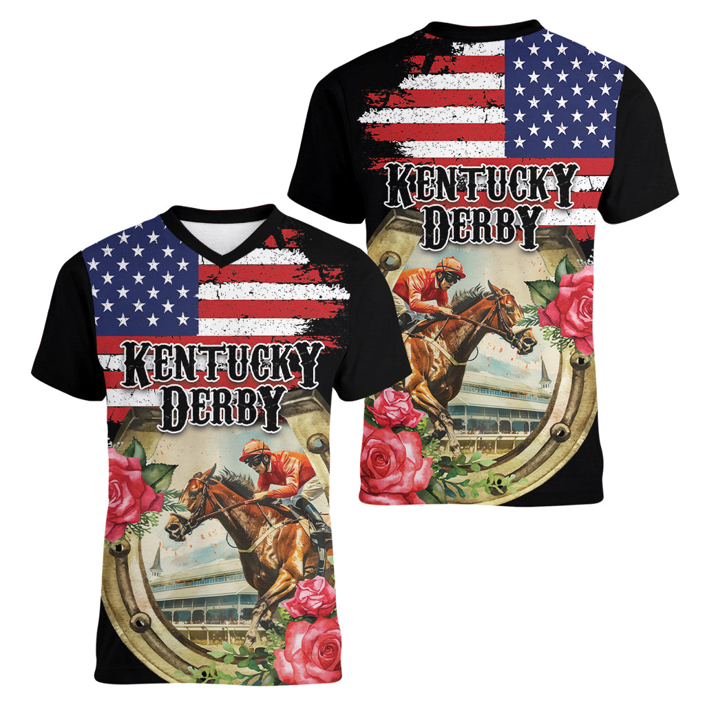 Kentucky Horseshoe Racing Rose Women V-Neck T-Shirt Grunge American Flag Vintage Style - Wonder Print Shop