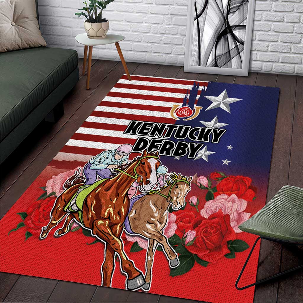 Kentucky Horses Racing Area Rug Roses Road with US Flag Style