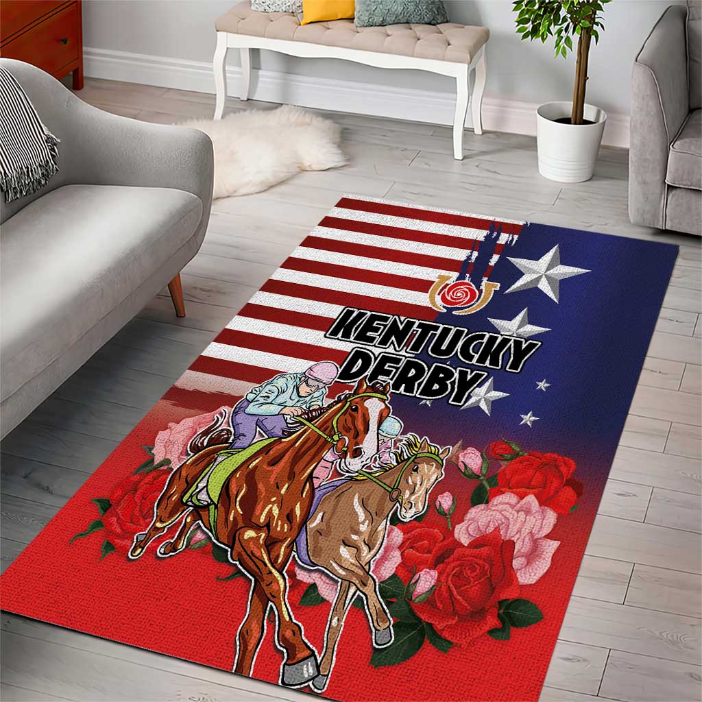 Kentucky Horses Racing Area Rug Roses Road with US Flag Style