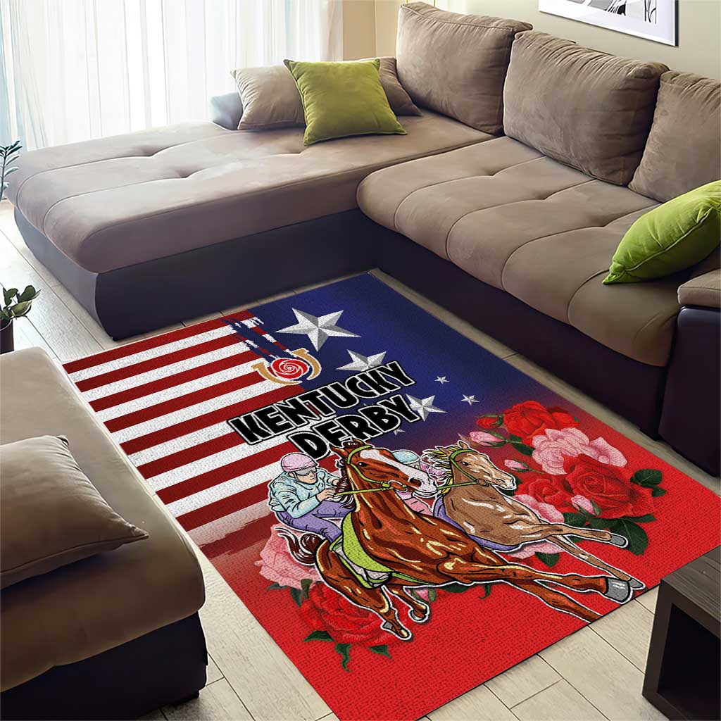 Kentucky Horses Racing Area Rug Roses Road with US Flag Style