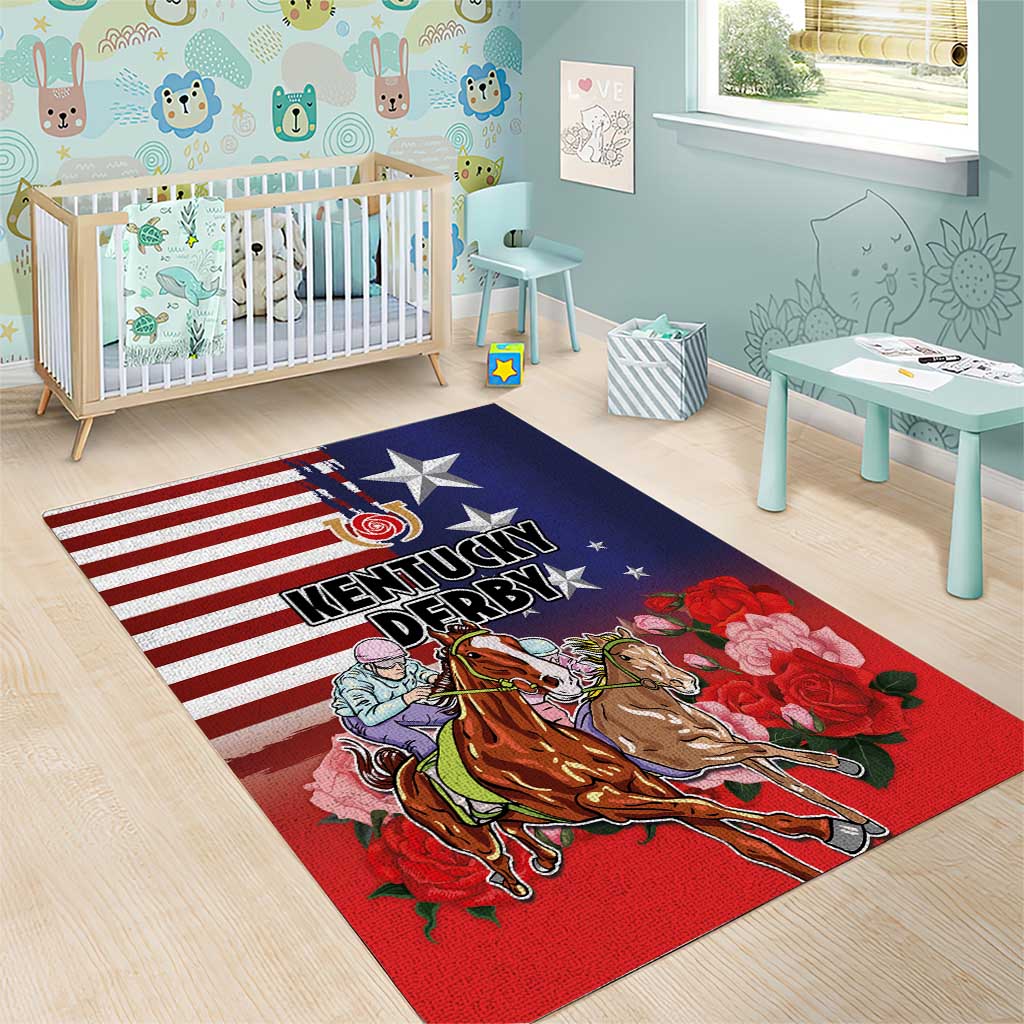Kentucky Horses Racing Area Rug Roses Road with US Flag Style