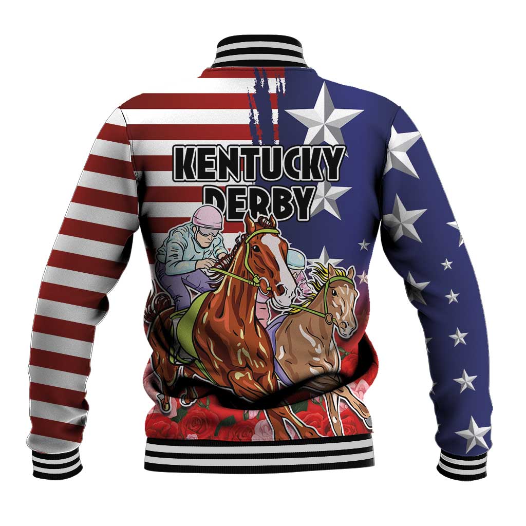 Kentucky Horses Racing Baseball Jacket Roses Road with US Flag Style