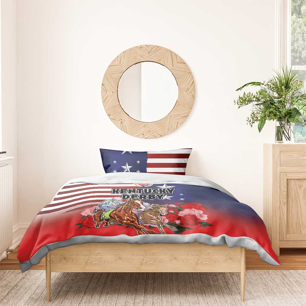 Kentucky Horses Racing Bedding Set Roses Road with US Flag Style