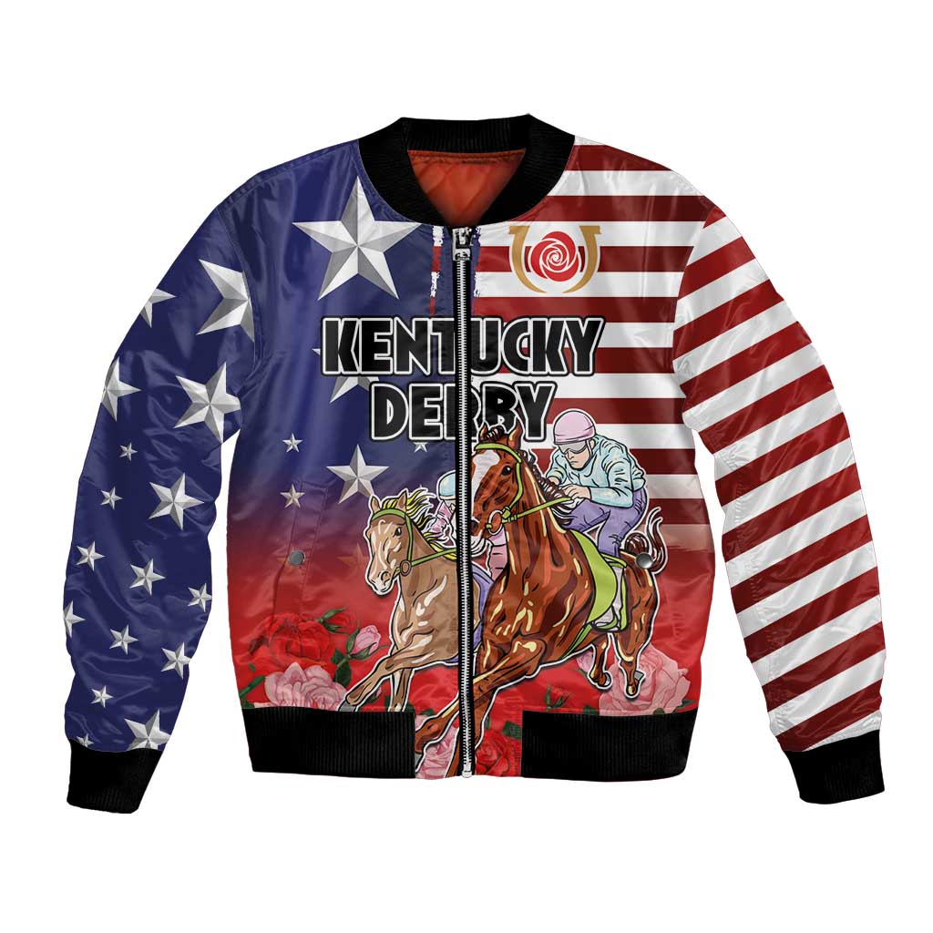 Kentucky Horses Racing Bomber Jacket Roses Road with US Flag Style