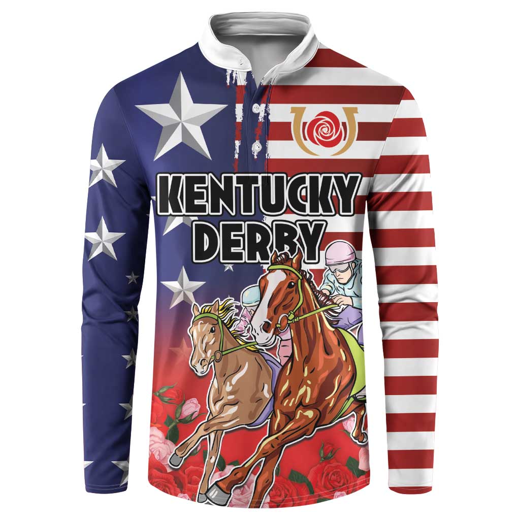 Kentucky Horses Racing Button Sweatshirt Roses Road with US Flag Style