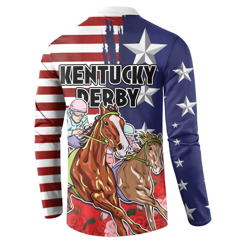 Kentucky Horses Racing Button Sweatshirt Roses Road with US Flag Style