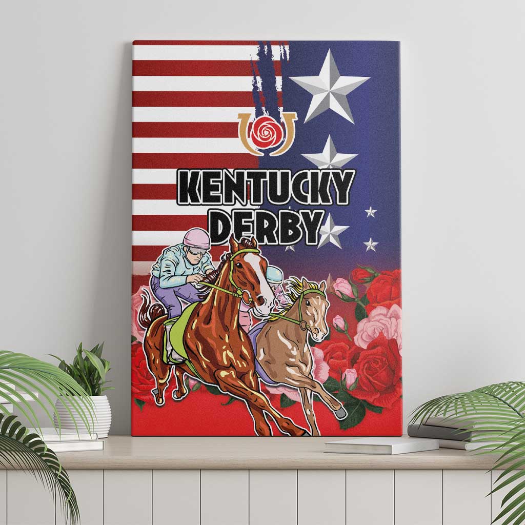 Kentucky Horses Racing Canvas Wall Art Roses Road with US Flag Style