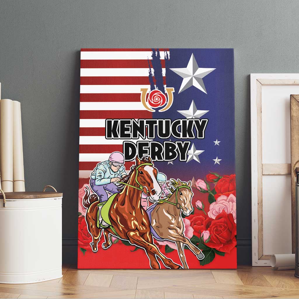 Kentucky Horses Racing Canvas Wall Art Roses Road with US Flag Style