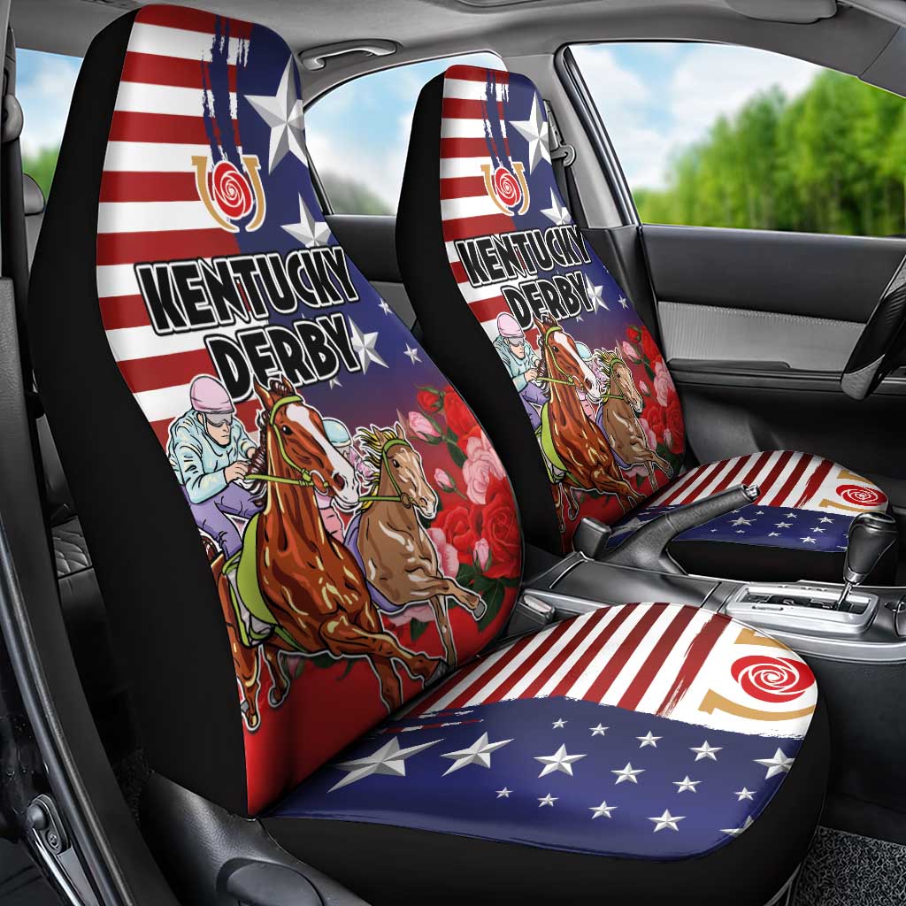 Kentucky Horses Racing Car Seat Cover Roses Road with US Flag Style