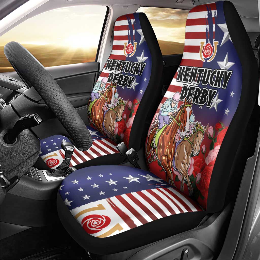 Kentucky Horses Racing Car Seat Cover Roses Road with US Flag Style