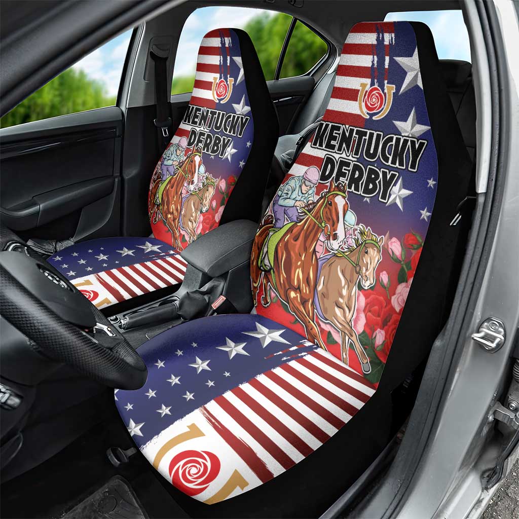 Kentucky Horses Racing Car Seat Cover Roses Road with US Flag Style