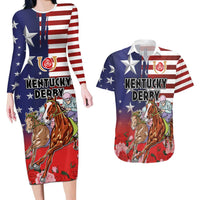 Kentucky Horses Racing Couples Matching Long Sleeve Bodycon Dress and Hawaiian Shirt Roses Road with US Flag Style