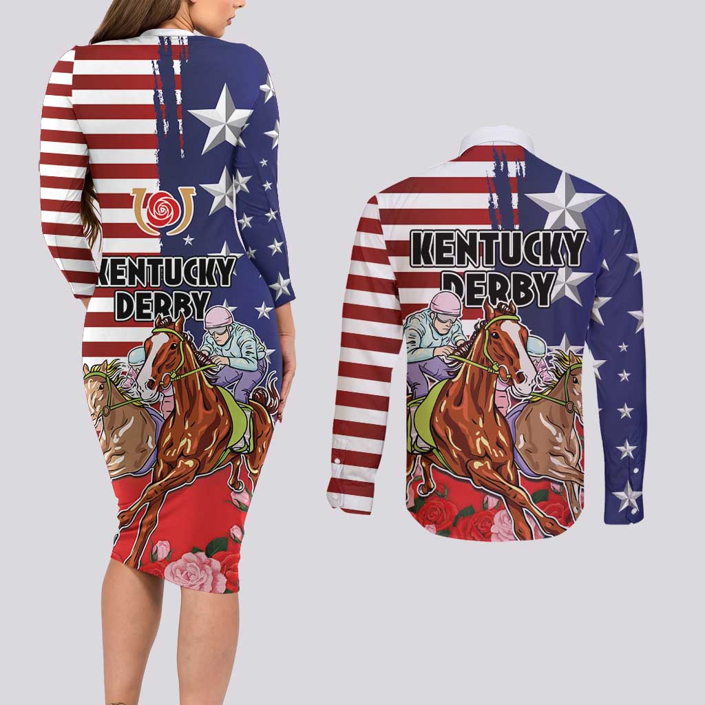 Kentucky Horses Racing Couples Matching Long Sleeve Bodycon Dress and Long Sleeve Button Shirt Roses Road with US Flag Style