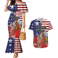 Kentucky Horses Racing Couples Matching Mermaid Dress and Hawaiian Shirt Roses Road with US Flag Style