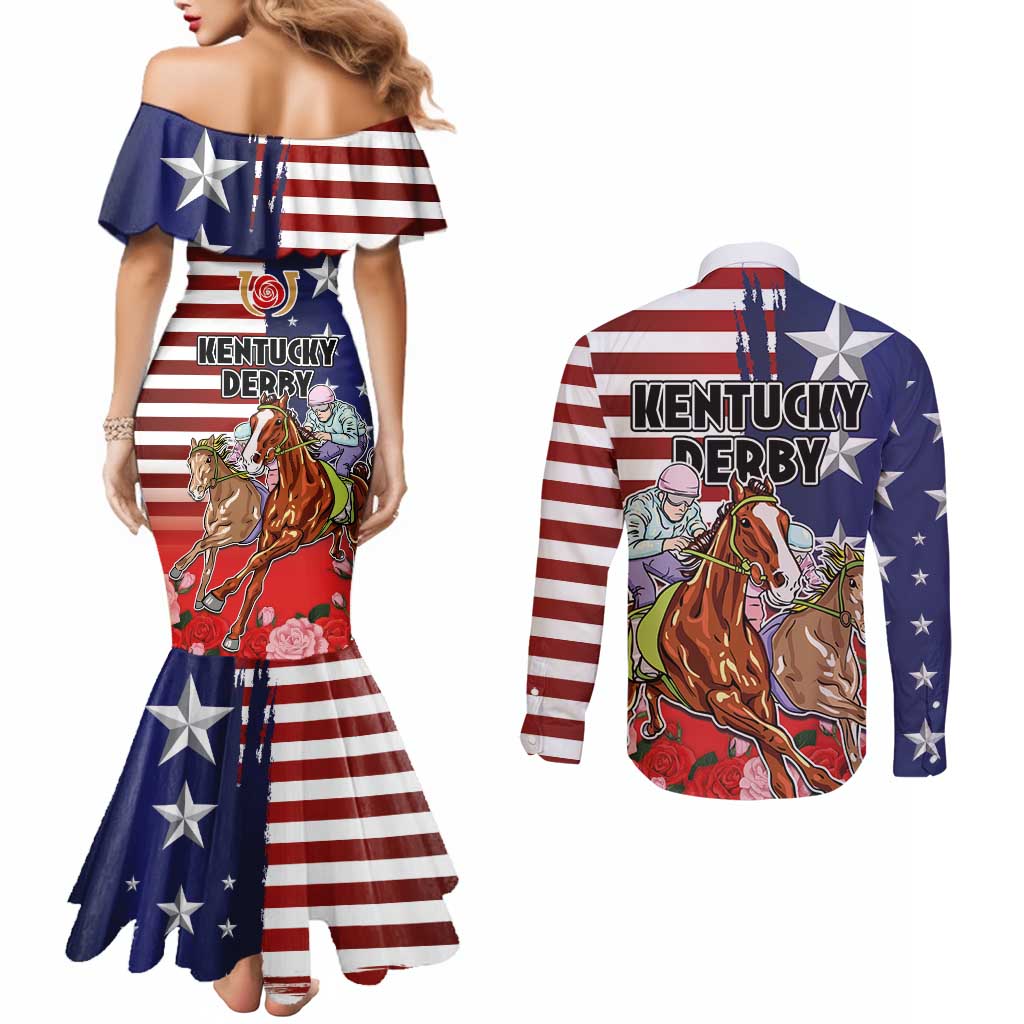 Kentucky Horses Racing Couples Matching Mermaid Dress and Long Sleeve Button Shirt Roses Road with US Flag Style