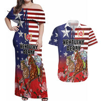 Kentucky Horses Racing Couples Matching Off Shoulder Maxi Dress and Hawaiian Shirt Roses Road with US Flag Style