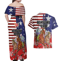 Kentucky Horses Racing Couples Matching Off Shoulder Maxi Dress and Hawaiian Shirt Roses Road with US Flag Style