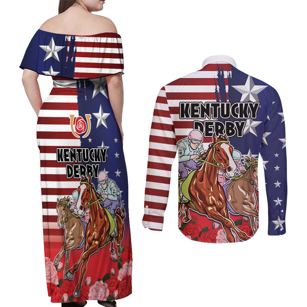 Kentucky Horses Racing Couples Matching Off Shoulder Maxi Dress and Long Sleeve Button Shirt Roses Road with US Flag Style